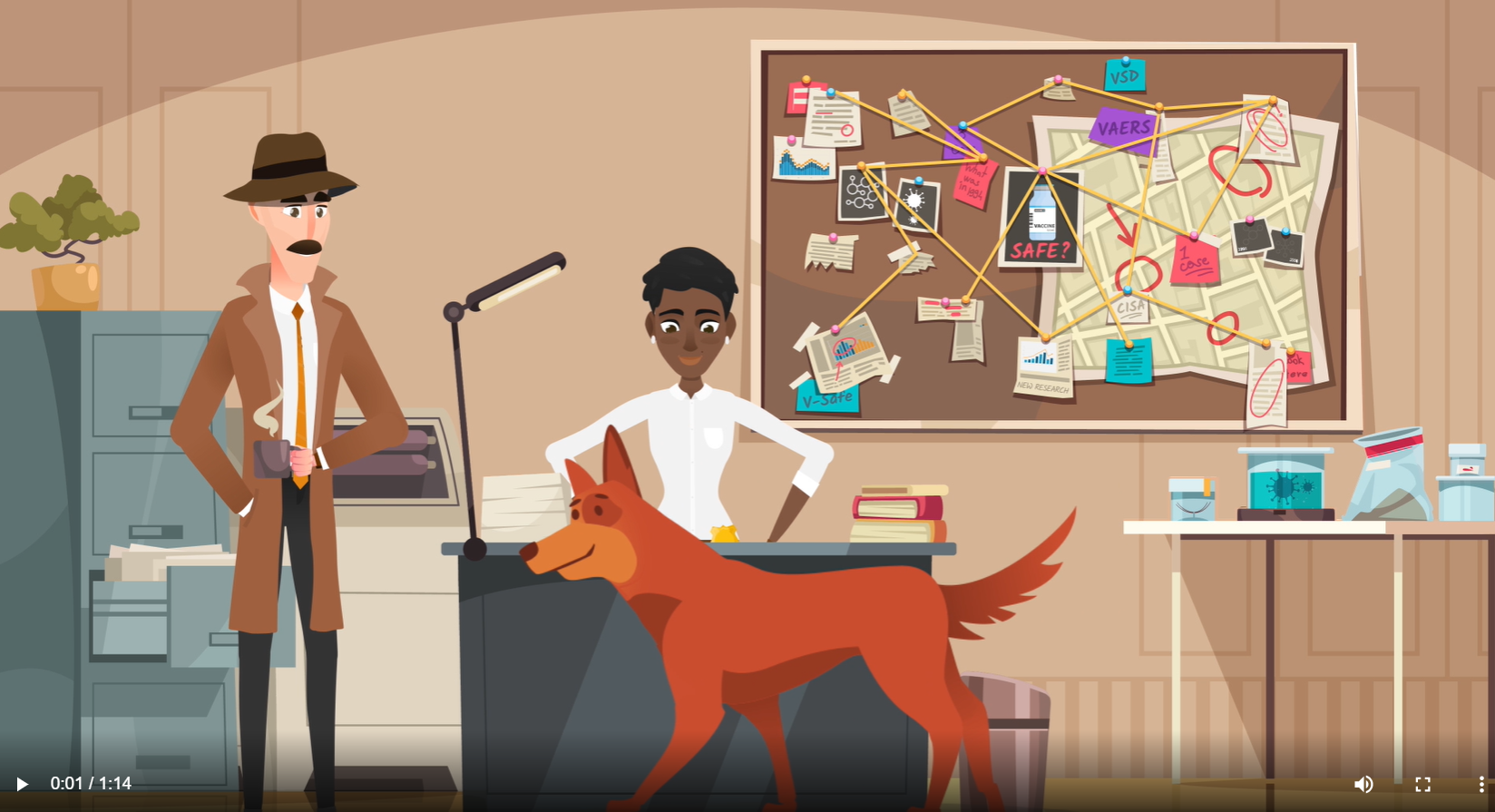 Cartoon image shows a white man dressed like a detective, a Black woman sitting at a desk and a dog