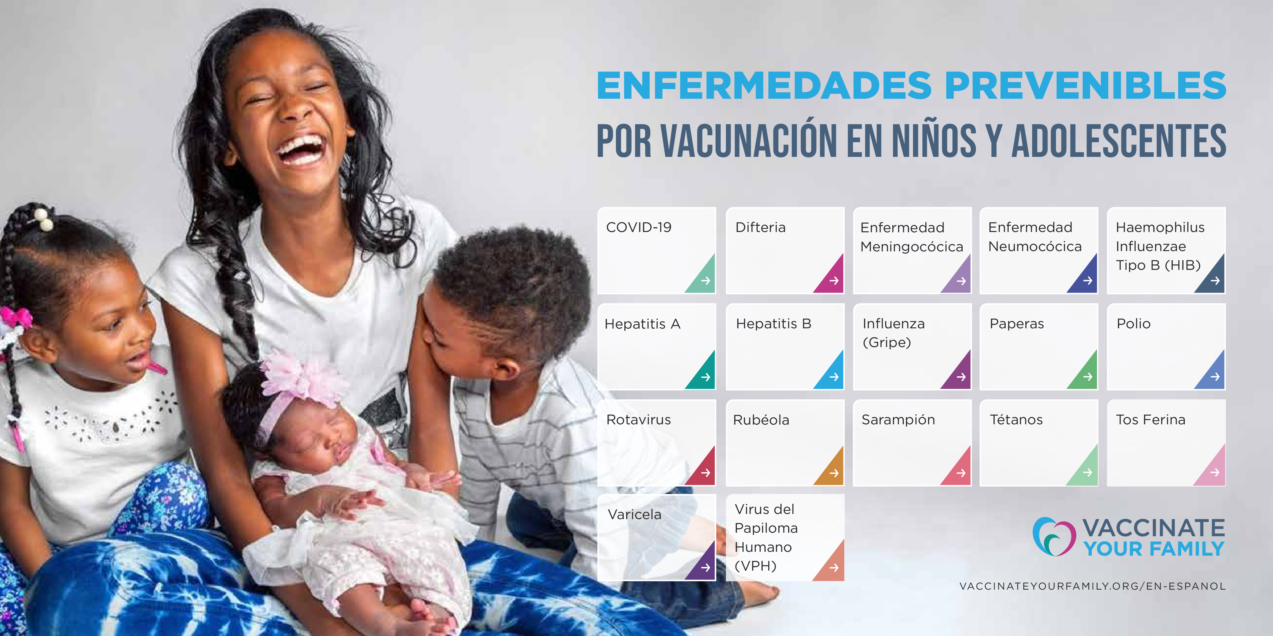 Factsheet stating Child and Teen Vaccine Preventable Diseases. Image shows a happy black family comprised of two children, one infant and one teen. 