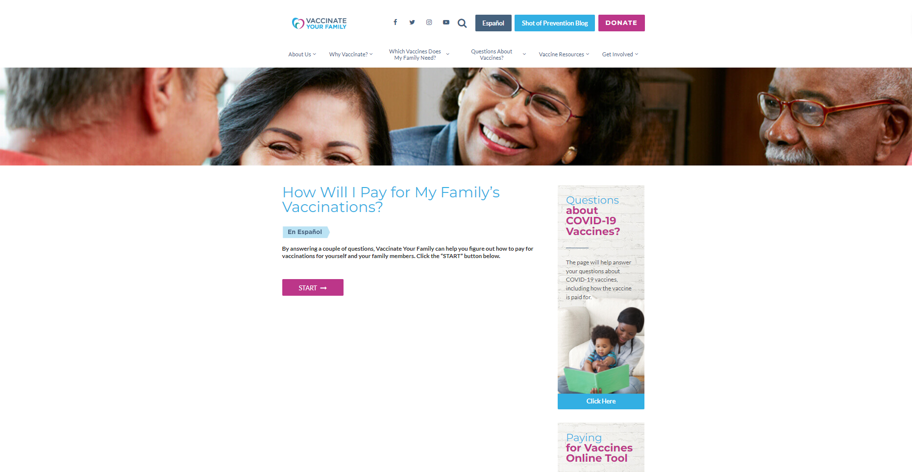 Website of an interactive tool with Vaccinate Your Family logo at the top and images of four faces in multiple races and ethnicities. 