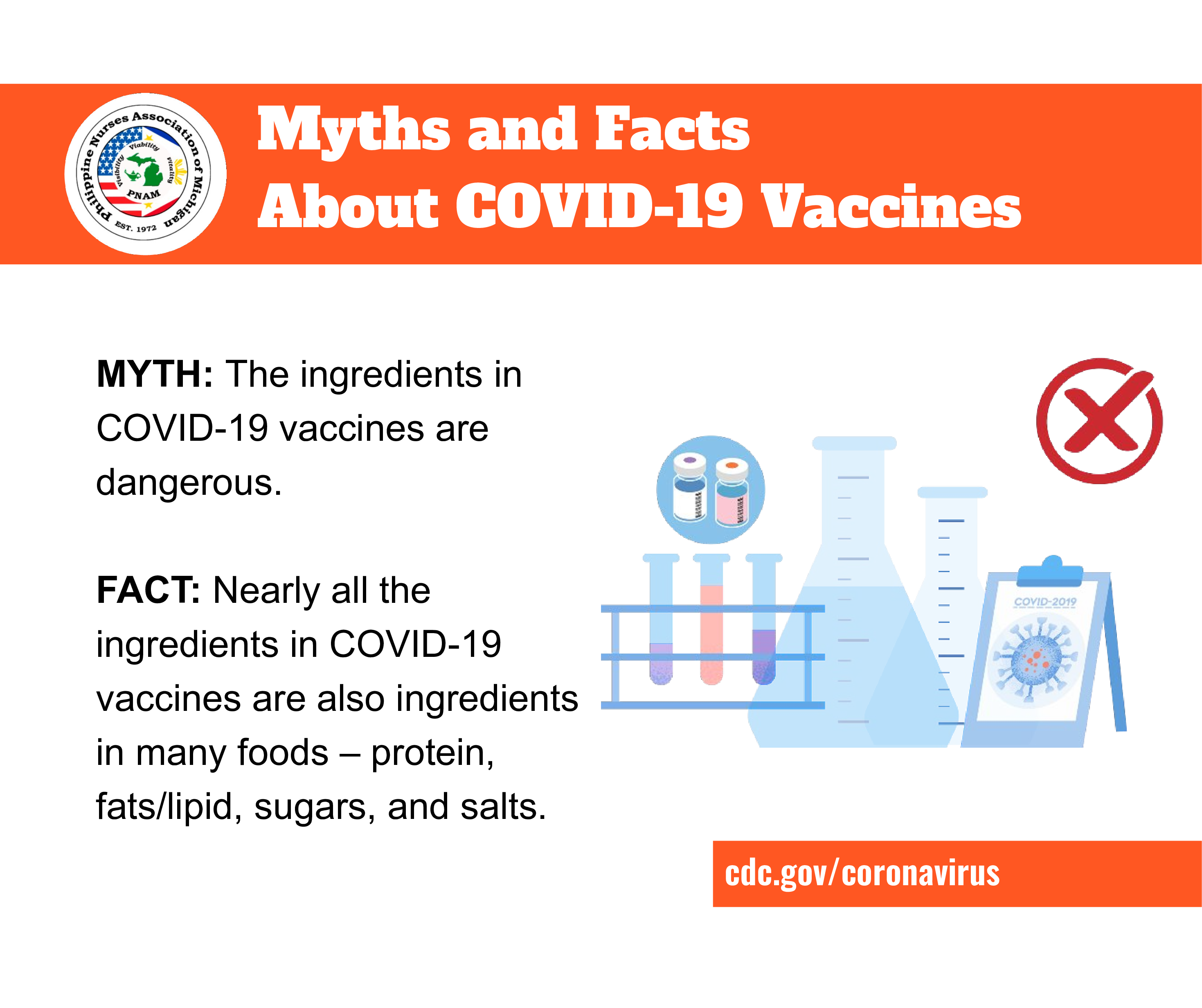 Cartoon images of beakers, test tubes, vials, and the SARS-COV-2 virus. Title text reads, "Myths and Facts About COVID-19 Vaccines"