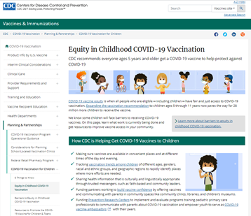 CDC Webpage for Equity in Childhood COVID-19 Vaccination
