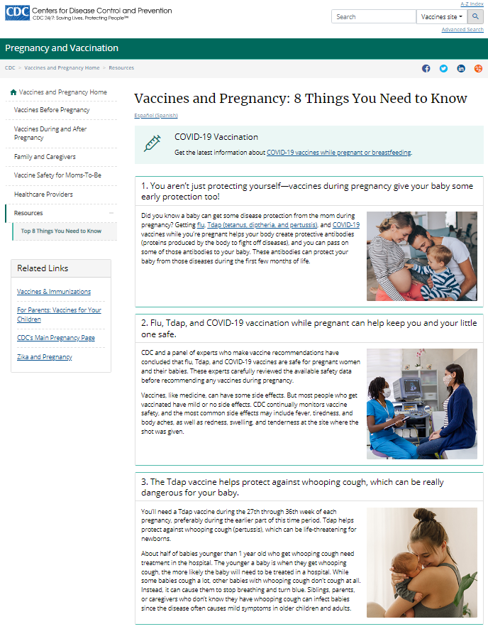 CDC website with images of a happy family with a child touching the mother's pregnant belly, a pregnant women at an appointment speaking with her healthcare provider, and a smiling woman holding her newborn.