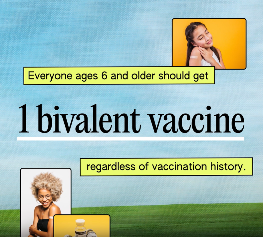Video displays text explaining current guidelines around bivalent COVID-19 vaccinations against a blue & green backdrop, with images of vaccine vials and people of various races/ethnicities, genders, and ages showing band aids on their arms and smiling.