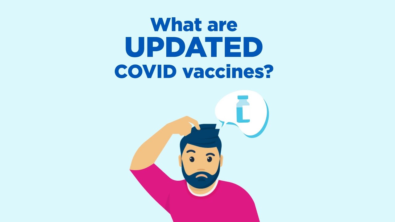 A cartoon man stands in a thinking pose. Header text: "What are updated COVID vaccines?"