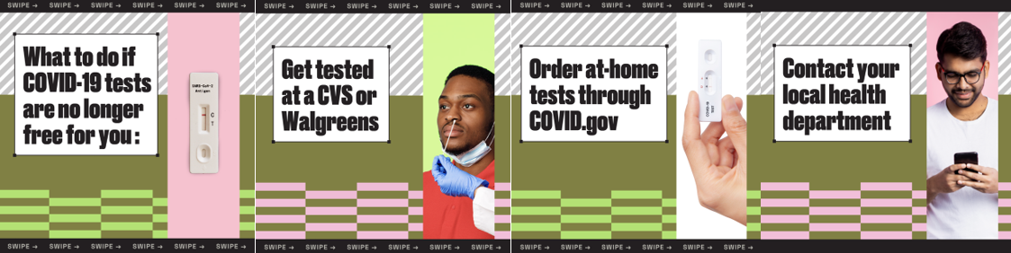 A panel of four images shows text boxes next to a negative COVID test, an African American man getting his nose swabbed, a new COVID test, and a man texting on his phone