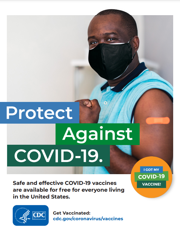 Image of a Black man wearing a mask behind a phrase that says "Protect from COVID-19."