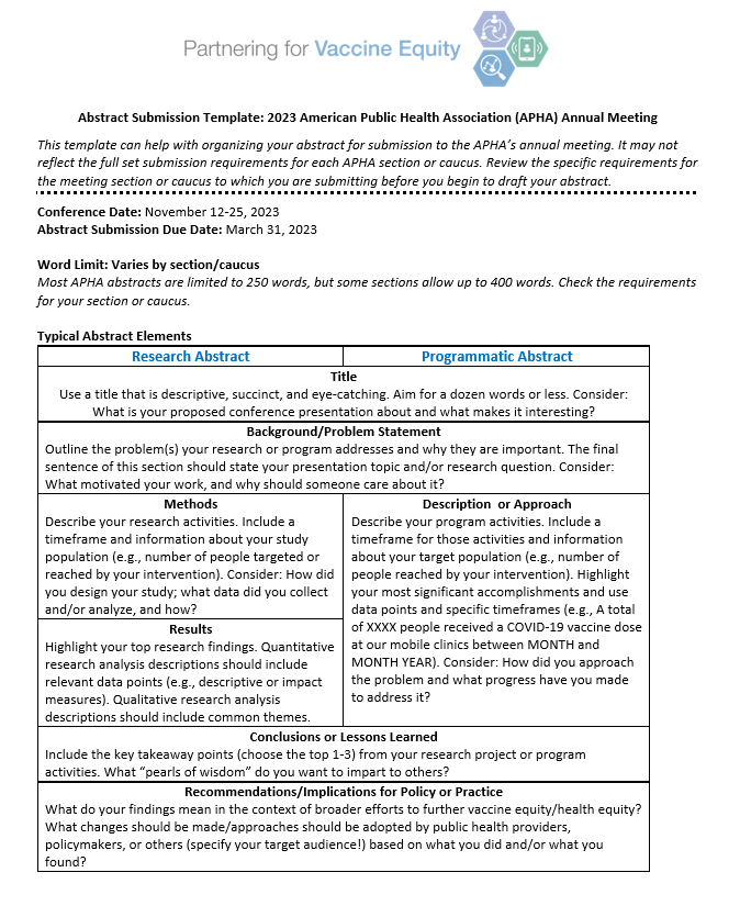 Abstract Submission Template for the 2023 American Public Health Association (APHA) Annual Meeting.