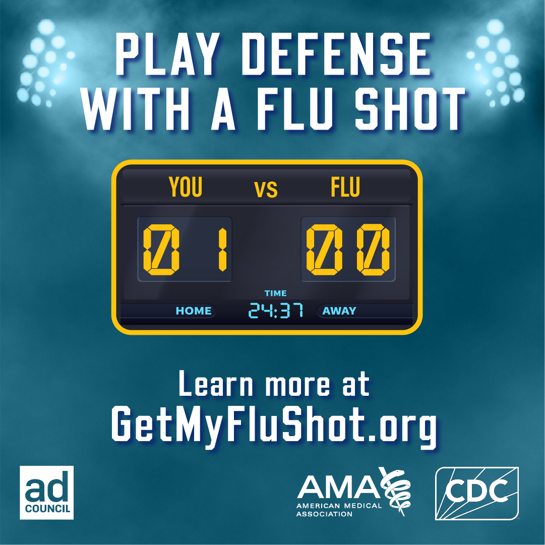 Scoreboard shows a score for 1 - You vs. 0 - Flu. Text reads, play defense with a flu shot"