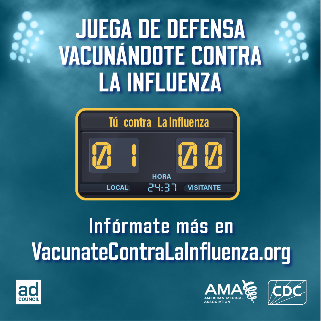 Scoreboard shows a score for 1 - You vs. 0 - Flu. Spanish text reads, play defense with a flu shot"