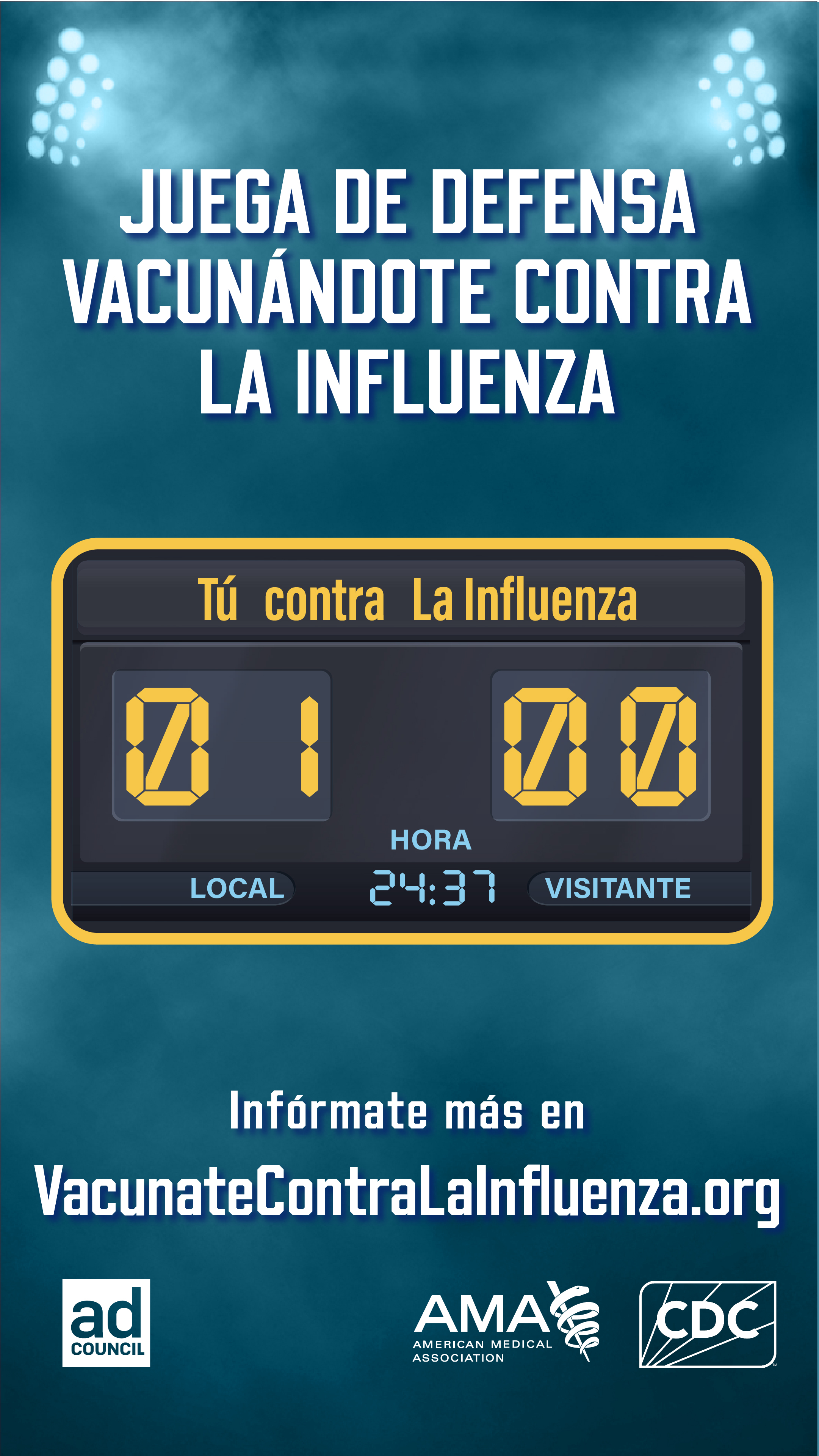 Scoreboard shows a score for 1 - You vs. 0 - Flu. Spanish text reads, play defense with a flu shot"