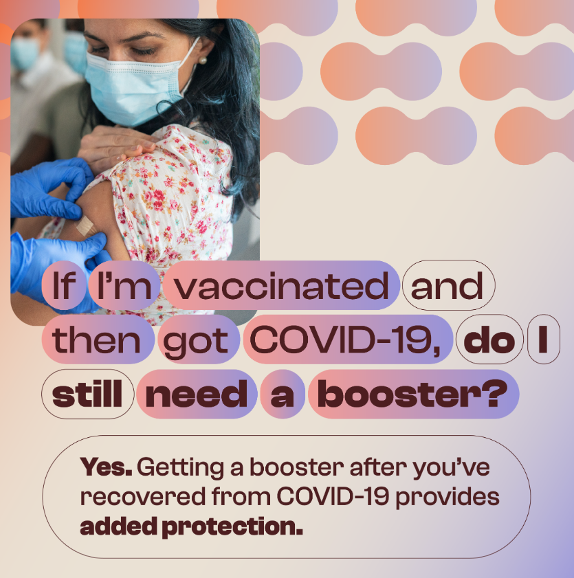 A woman wearing a mask pulls up her sleeve while a medical professional puts a band aid on her shoulder. Text phrased as a Q&A.