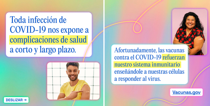 image with two panels, first of a Latino man pointing to his vaccination bandage on his arm, second of a Latina woman with a bandage covering her vaccination location on her arm.