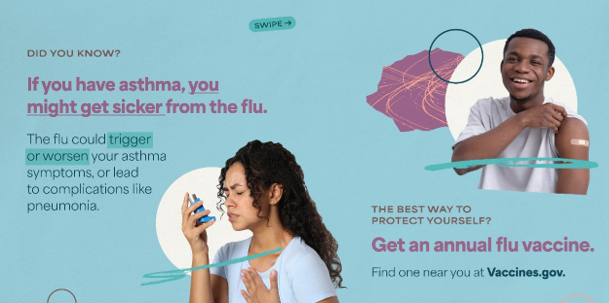 Image with two panels, first of a Black girl holding her inhaler and looking distressed with a hand on her chest, second of a Black boy smiling and showing a Band-Aid on his arm after vaccination