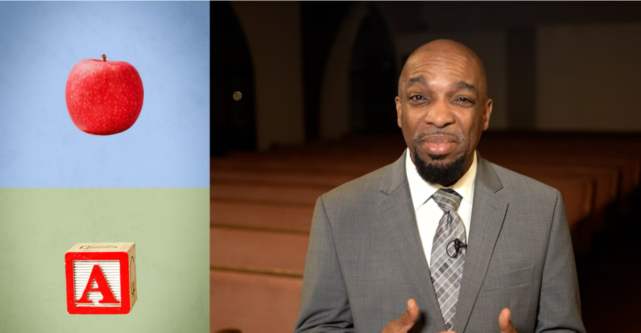 A Black man next to images of an apple and a child's building block