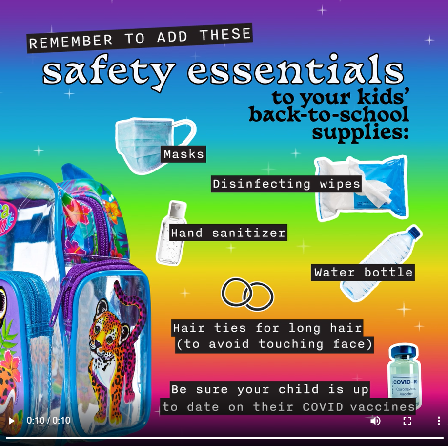 A color backpack with a cheetah on the side appears against a rainbow background. Images of the various safety essentials such as a mask and hand sanitizer are featured alongside the message aimed at parents.