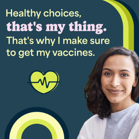 Smiling Black woman with long hair with message about staying up to date on routine vaccines.