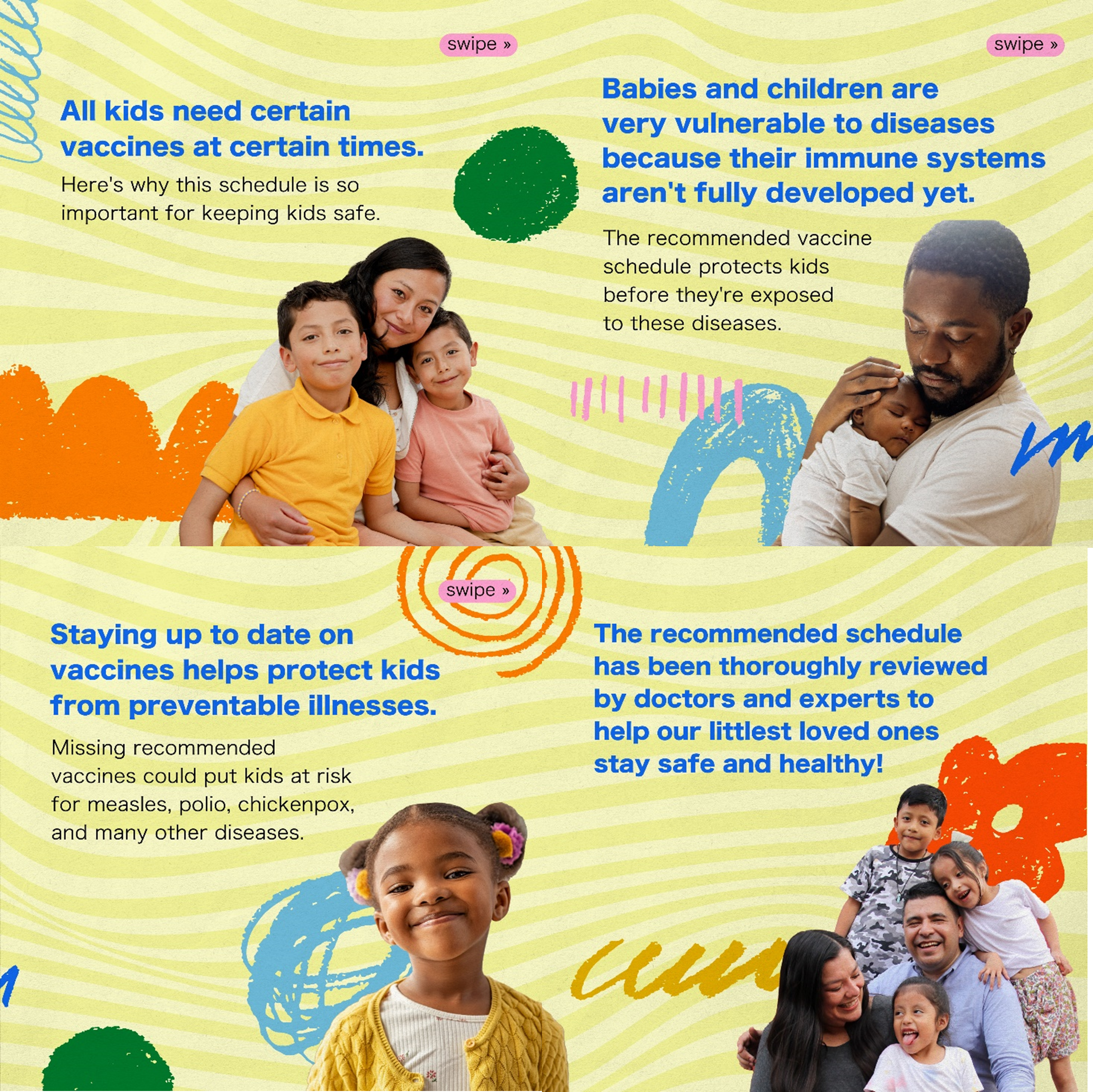 Image with four panels, the first includes a Hispanic woman with her two sons, the second includes a Black man holding his infant, the third includes a Black girl smiling, and the fourth includes a Latinx family with three kids. 