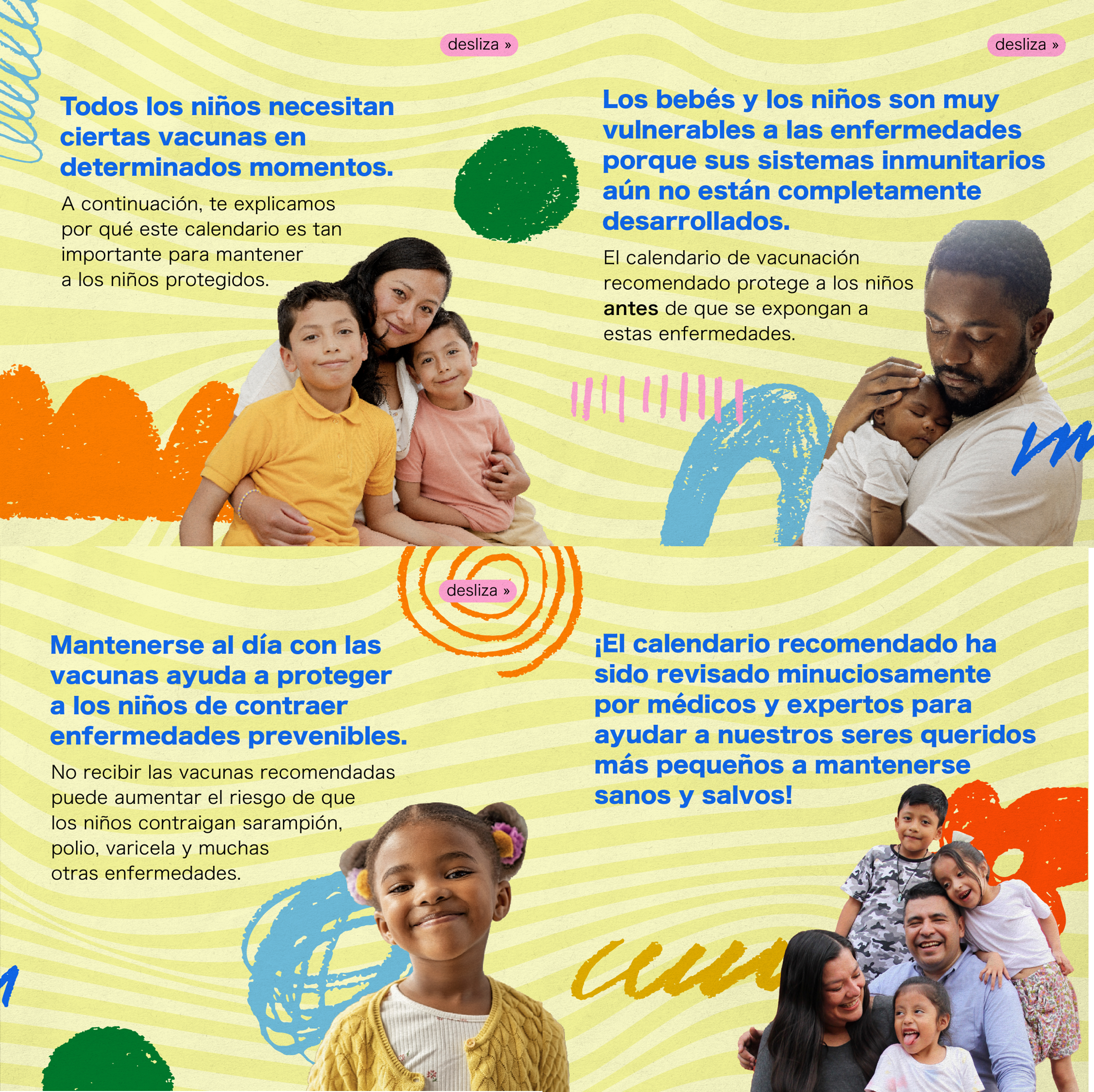 Image with four panels, the first includes a Hispanic woman with her two sons, the second includes a Black man holding his infant, the third includes a Black girl smiling, and the fourth includes a Latinx family with three kids. 