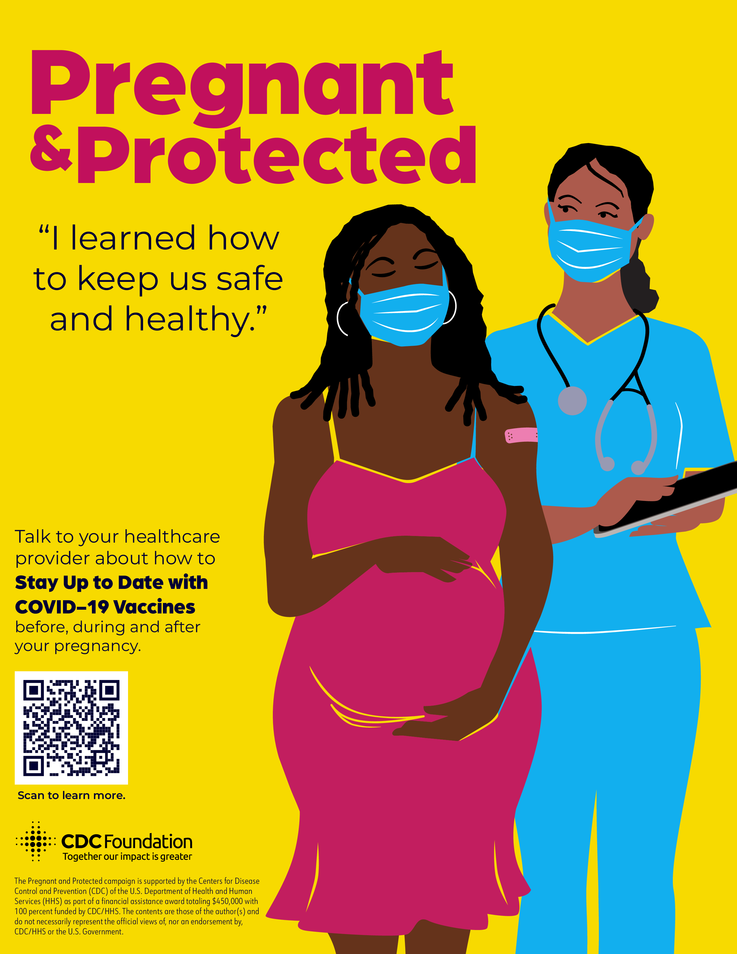 A black woman holds her pregnancy and stands next to a health care provider