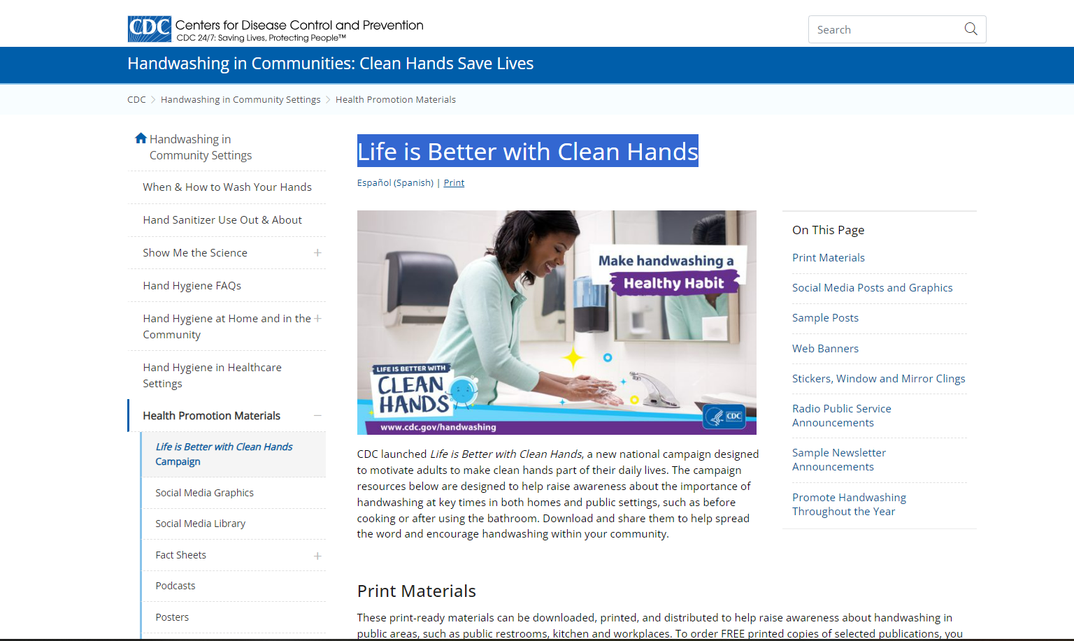 Screen capture of the web page, with a picture of a woman smiling and washing her hands.