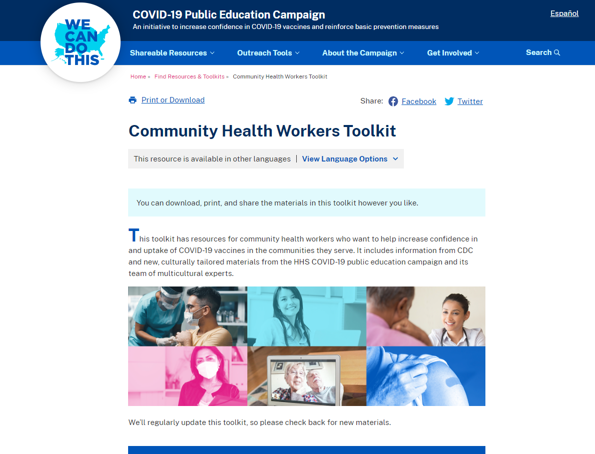 Community Health Workers Toolkit main page on HHS website.