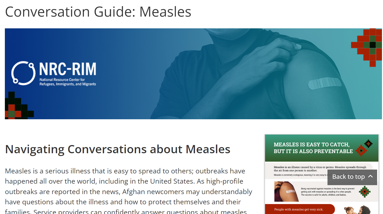 website banner includes an image of a person with a Band-Aid on their arm