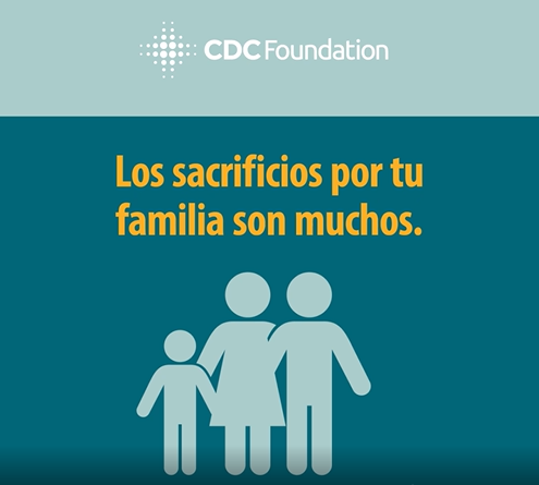 Image from the video with a cartoon family standing together and a title says the Spanish equivalent of "the sacrifices for your family are a lot."