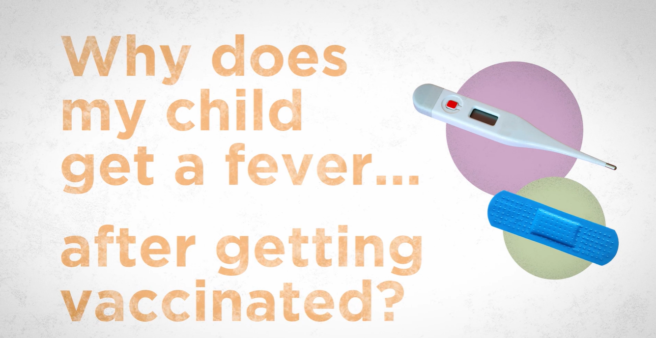 a thermometer and bandaid and text "why does my child get a fever... after getting vaccinated?