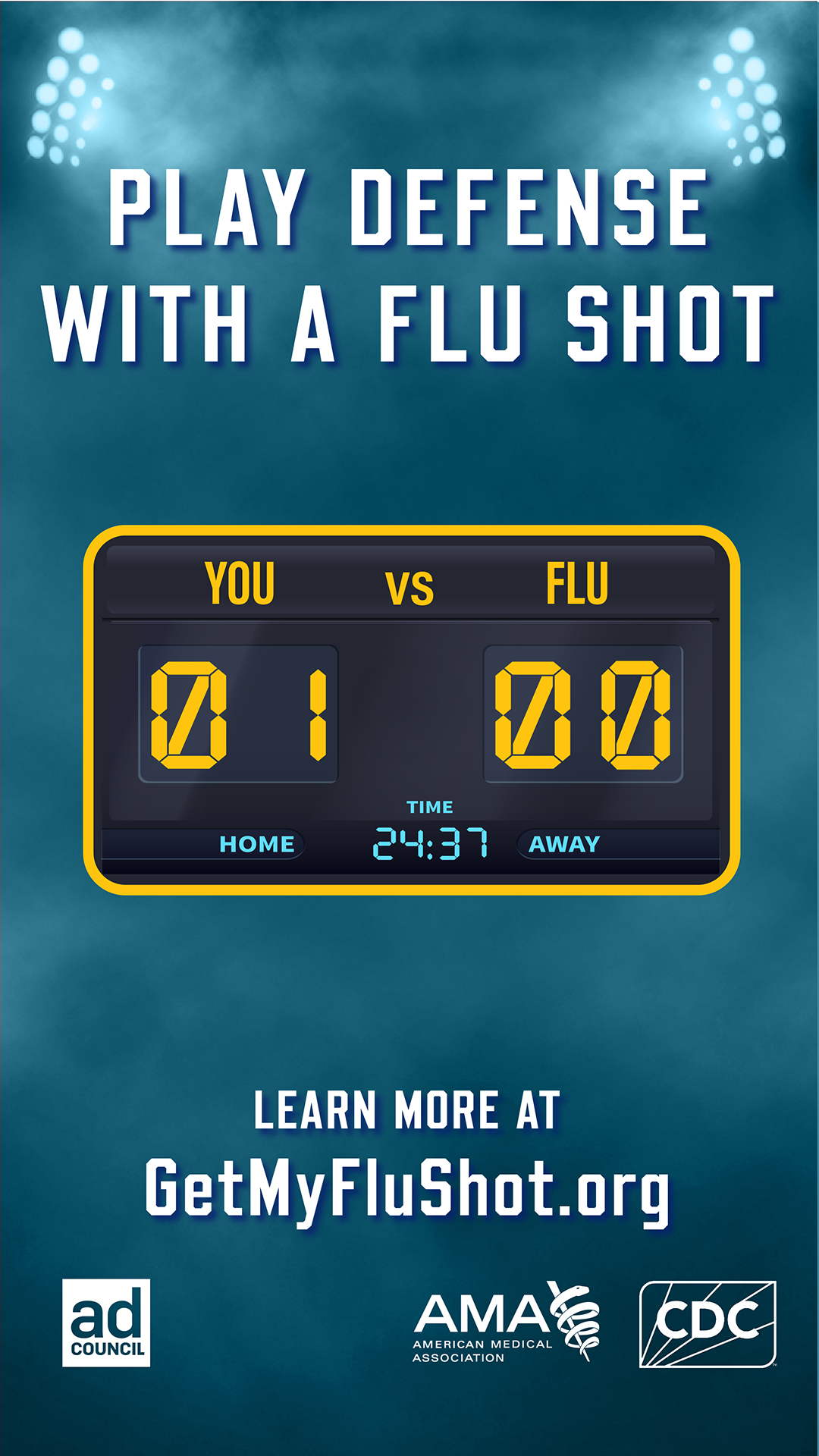 Scoreboard shows a score for 1 - You vs. 0 - Flu. Text reads, play defense with a flu shot"