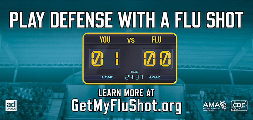 Scoreboard shows a score for 1 - You vs. 0 - Flu. Text reads, play defense with a flu shot"