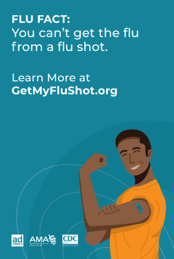 Smiling Black male wearing a yellow shirt is flexing his left arm and has a band-aid over his vaccine site on his upper arm. The graphic is a teal background with white text and Ad Council, AMA, and CDC logos at the bottom.