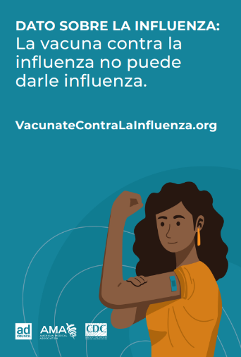 Smiling female with long, wavy brown hair and wearing a yellow shirt is flexing her left arm and has a band-aid over her vaccine site on her upper arm. The graphic is a teal background with white text and Ad Council, AMA, and CDC logos at the bottom.
