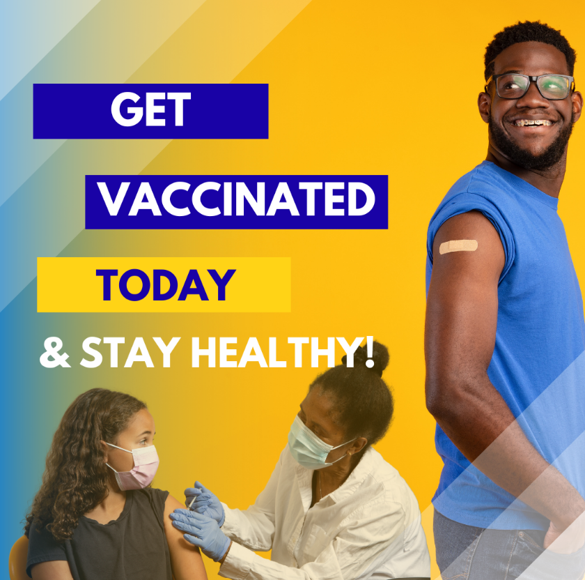 The bottom shows a young girl getting a vaccine from her doctor. A young Black man is to the right and he smiles and shows his bandaid that he got after being vaccinated