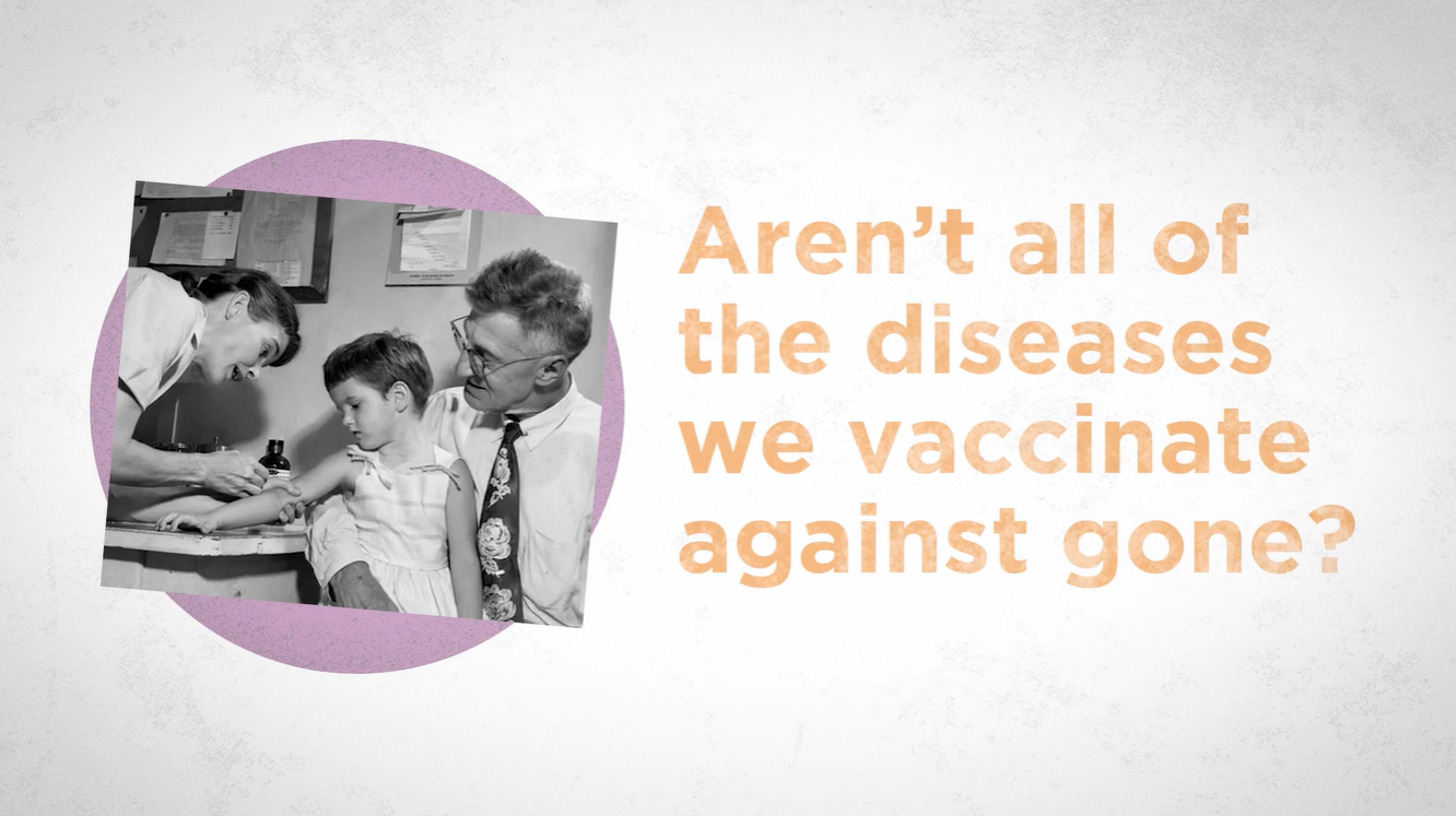 vintage photo of a white child being vaccinated with the text aren't all of the diseases we vaccinate against gone?