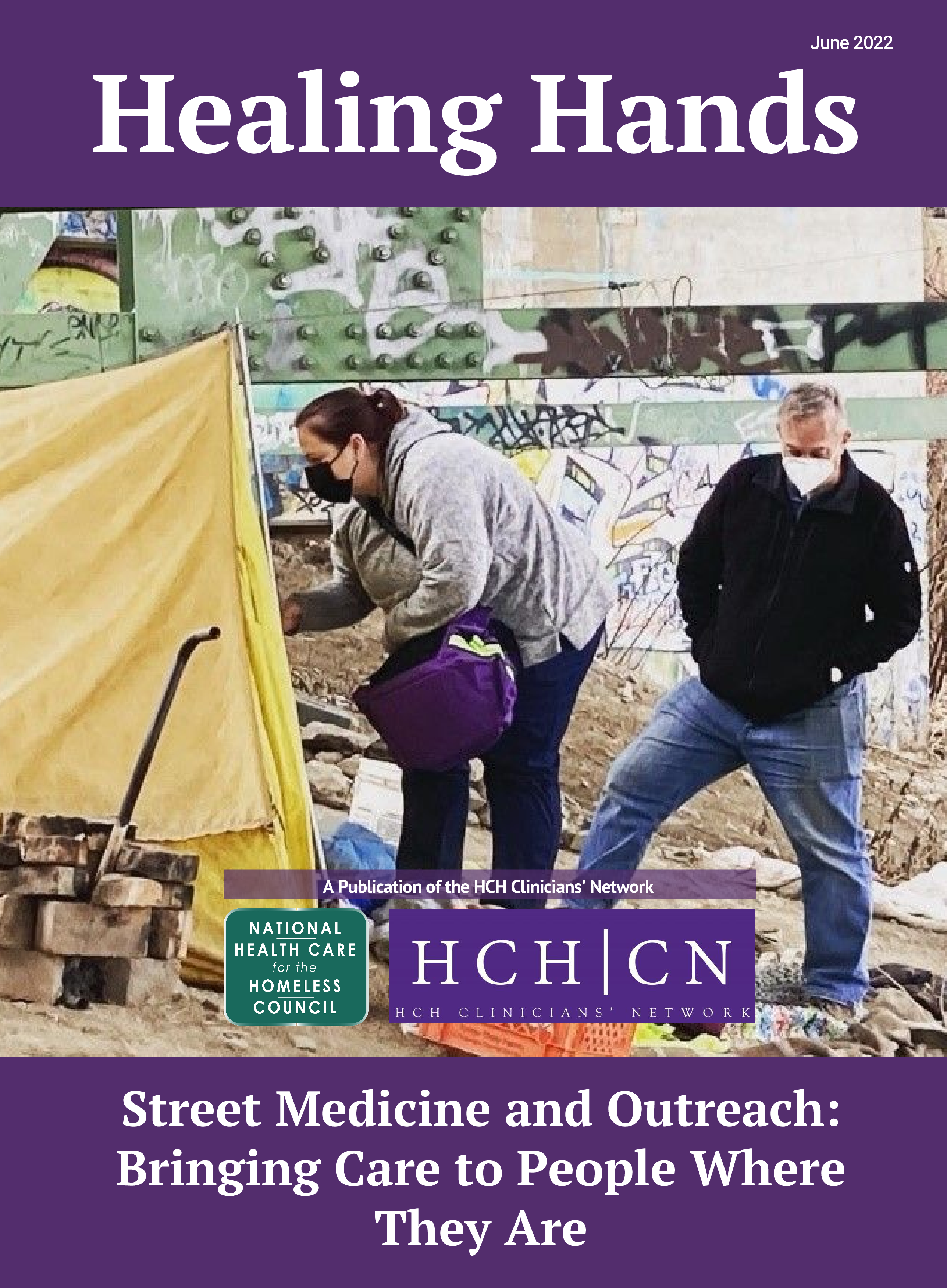 Cover image of report displays two people both wearing masks approaching a tent with an unhoused individual and offering services.