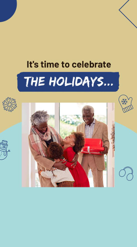 Black family embracing during the holidays. Black and white text is on a blue and tan background with winter theme images, such as a snowman and snowflake.