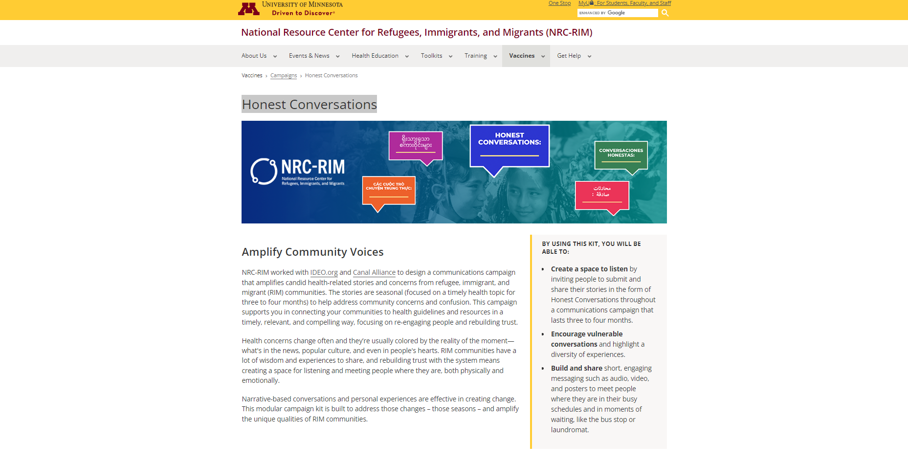 Website with a white background and black text with the University of Minnesota and NRC-RIM logo at the top. An image of two young girls with text boxes containing the words "Honest Conversations" in multiple languages is on the middle of the page.