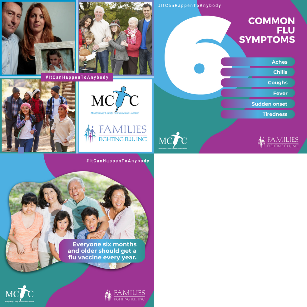 Social media graphics show four images: a mother and father holding up a framed photo of their deceased daughter, a white family of six featuring children & grandparents, a Black family of six walking outside with two young girls smiling and walking out front, an Asian family of six featuring children & a grandfather.