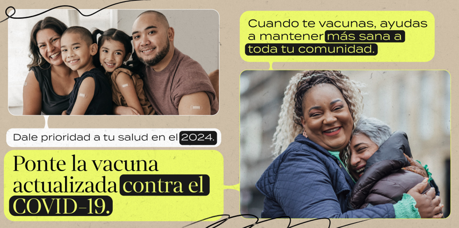 Two panels with images show a Hispanic family and two women hugging