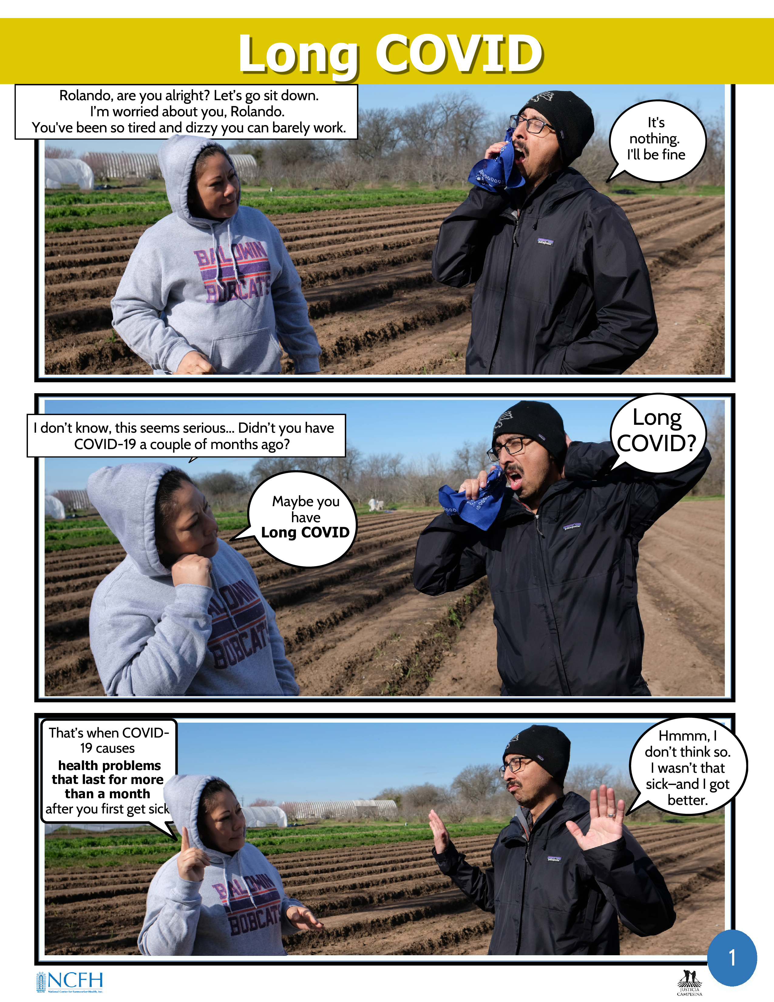 Two farmworkers talk to each other in a field, one of whom is showing signs of fatigue.