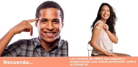 Graphic of smiling man and woman showing that COVID-19 mRNA vaccines are safe. Woman is showing arm with bandage post-vaccination.