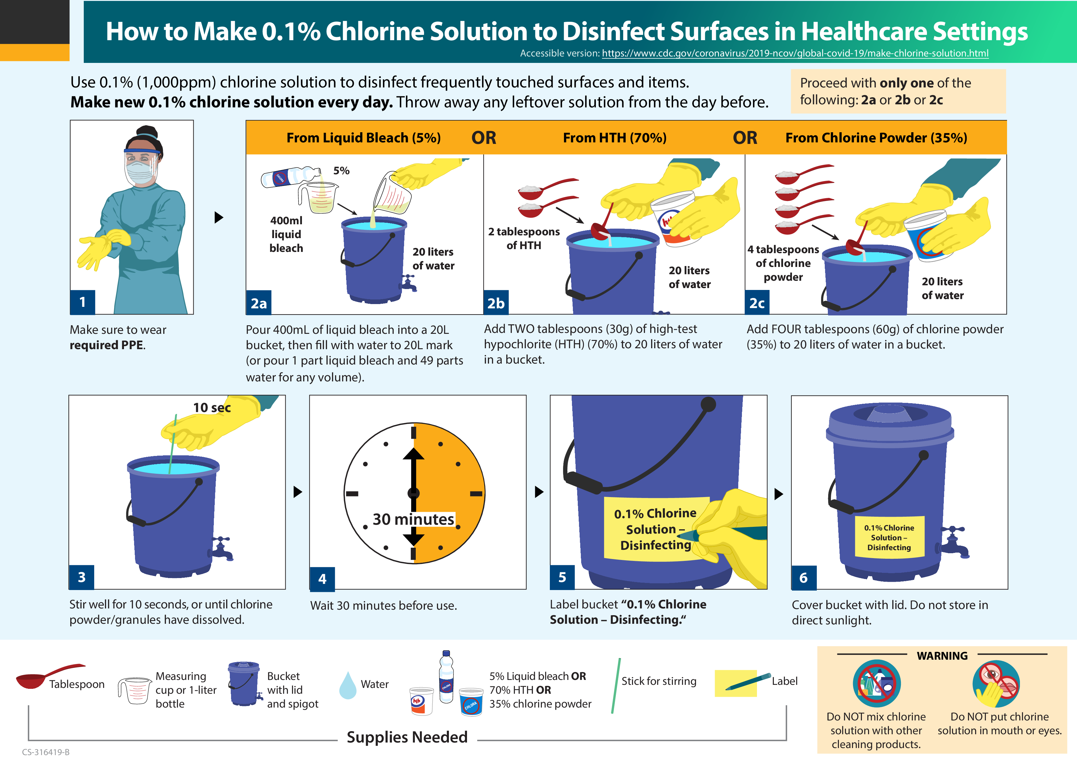 factsheet titled how to make 0.1% chlorine solution to disinfect surfaces in healthcare settings