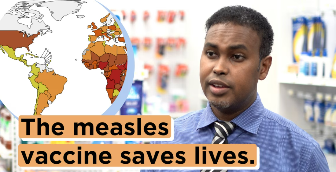 Black man with the text the measles vaccine saves lives