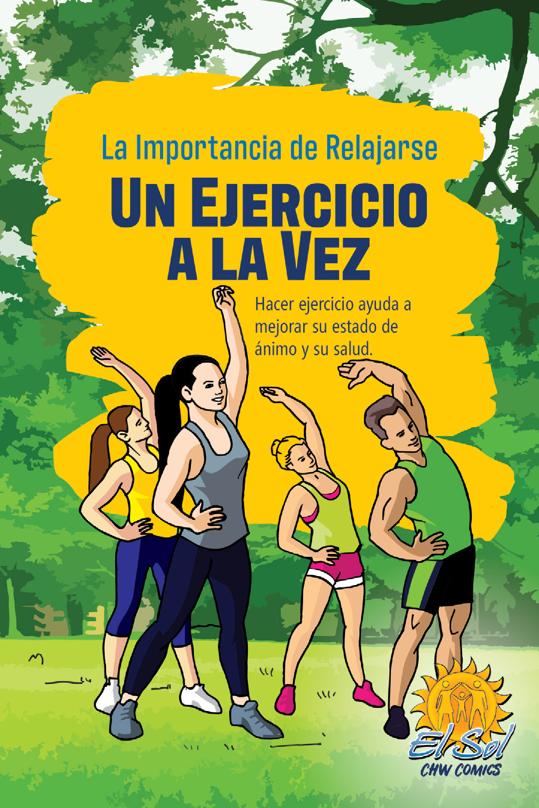 Title page reads in Spanish, "The Importance of Letting Go: One Exercise at a Time. Exercising helps boost your mood and improve your health." Images of cartoon people stretching in a park.