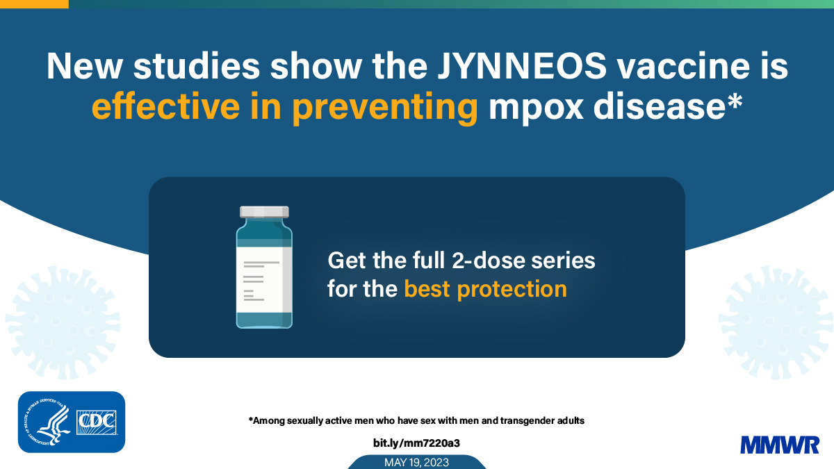 a vaccine vial with text that reads, "New studies show the JYNNEOS vaccine is effective in preventing mpox disease. Get the full 2-dose series for the best protection."