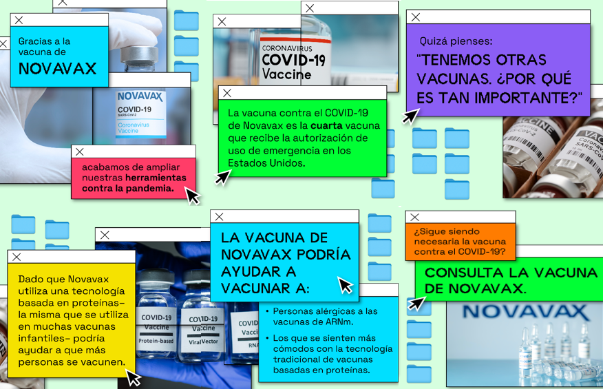 Multiple multicolored boxes appear in the style of an older computer screen. There are five images of the Novavax COVID-19 vaccine accompanying the colorful messages