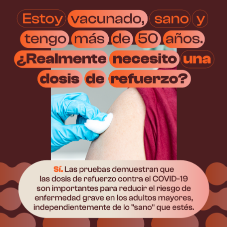 Dark brown background with orange and brown text, in Spanish, within orange, brown, and beige oval shapes. Photo of blue gloved hand with cotton ball pressed against the upper arm of a person with their red sleeve pushed up. Text is in a Q&A format.