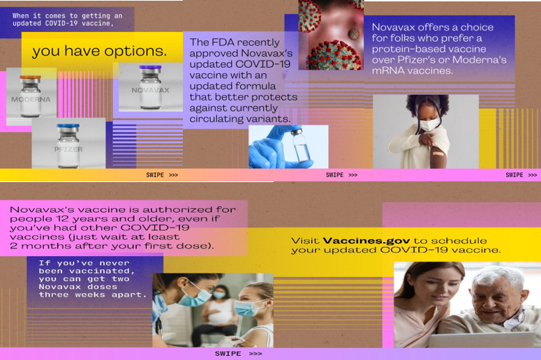 5 panels of images show imagery including vaccine vials, a young Black girl looking at a band aid over her vacine site, a provider cleaning a vaccine site, and a young woman helping her older parent search on the computer