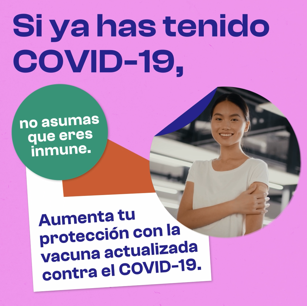 Graphic has one image of an Asian woman smiling and holding her arm and one image of the COVID-19 vaccine vial