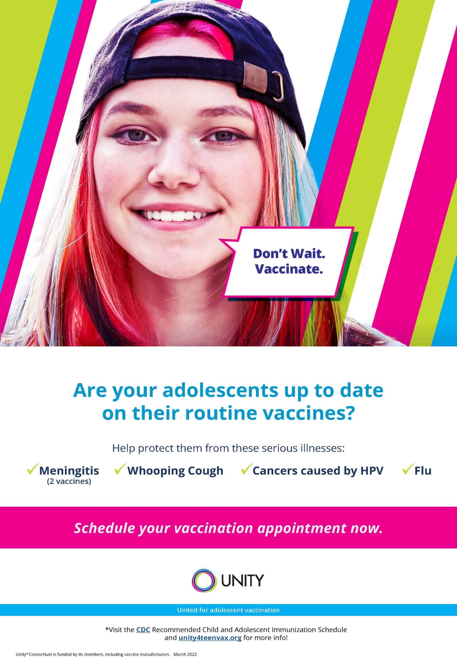A teenage girl with a text box reading, "Don't Wait. Vaccinate." 